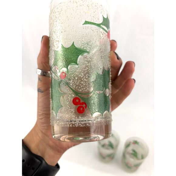 VTG Fred Press Holiday Ice Frosted Holly Leaves & Berries Glasses Set of 3 MCM - Picture 8 of 13